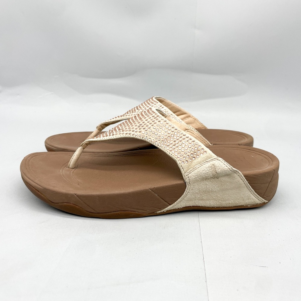 FitFlop Womens 8 Lulu Crystal Embellished Suede Sandals Beige Tan Thong Comfort - Picture 5 of 12